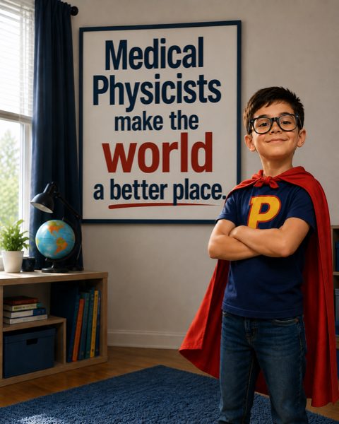 A boy in a red cape and glasses stands proudly before a poster reading Medical Physicists make the world a better place