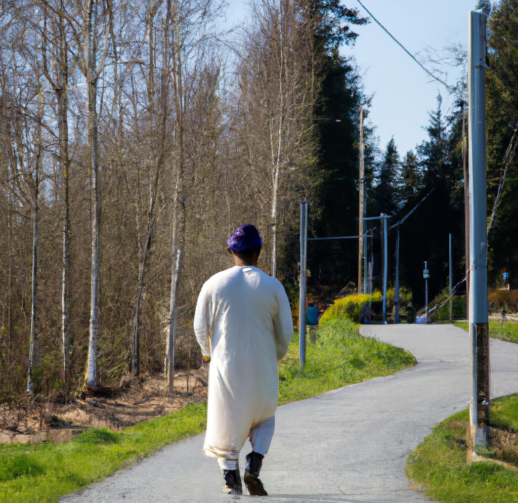 Man wearing turban and white clothes walking to Bear Creek Park in Surrey, BC (DALL-E illustration)