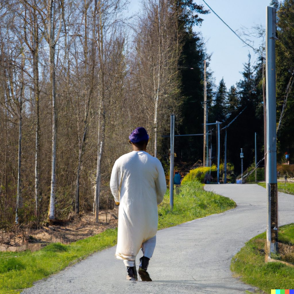 Man\ wearing\ turban\ and\ white\ clothes\ walking\ to\ Bear\ Creek\ Park\ in\ Surrey\,\ BC\ \(DALL-E\ illustration\)