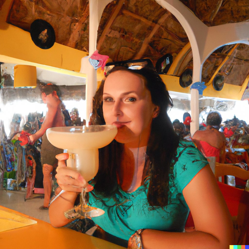 Young\ woman\ on\ vacation\ sipping\ a\ gigantic\ margarita\ in\ a\ small\ restaurant\ in\ Cozumel\ \(DALL-E\ illustration\)