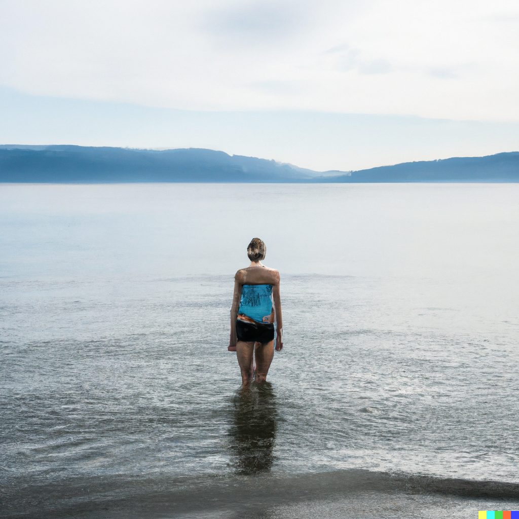 Young\ woman\ in\ bathing\ suit\ walking\ into\ the\ cold\ Pacific\ Ocean\,\ British\ Columbia\ \(DALL-E\ illustration\)