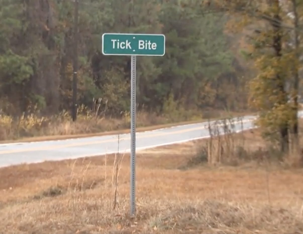 Tick Bite road sign beside a rural eastern North Carolina road